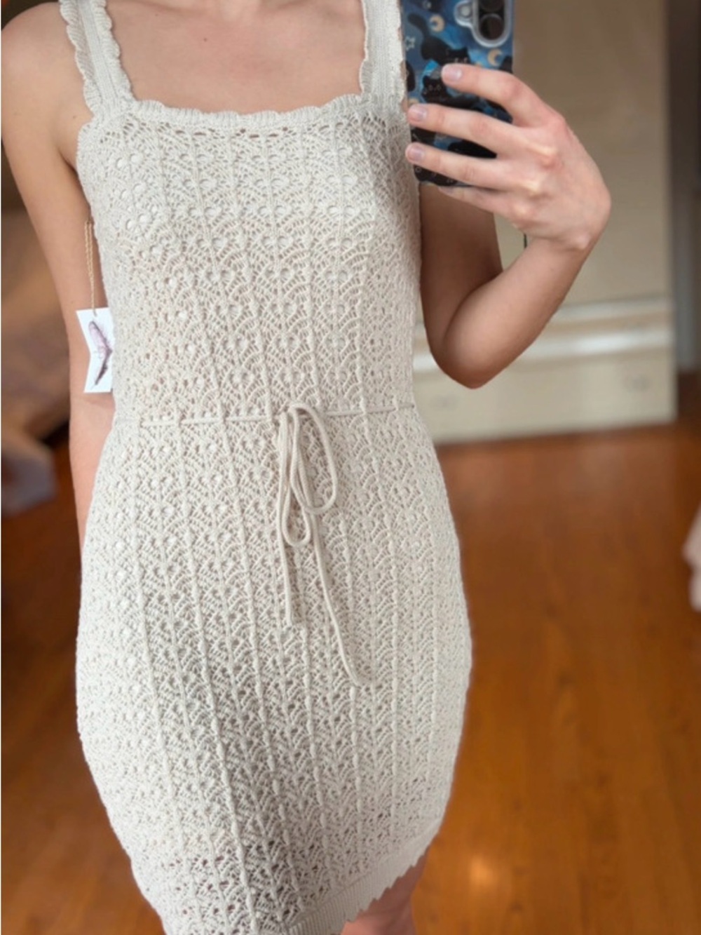 Jessica Simpson Cream Crochet Tie-Waist Mini Dress